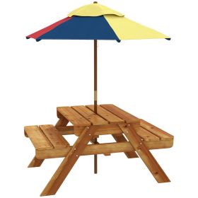 Outsunny Kids' 3-in-1 Sensory Table with Water & Sand Play, Foldable Umbrella, Teak Finish, for Ages 3-6