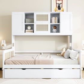 Full Size Wooden Daybed With Twin Size Trundle, and All-in-One Cabinet and Shelf, White