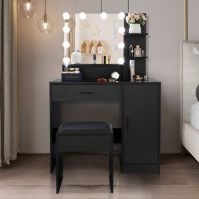 FCH Large Vanity Set with 10 LED Bulbs, Makeup Table with Cushioned Stool, 3 Storage Shelves 1 Drawer 1 Cabinet, Dressing Table Dresser Desk for