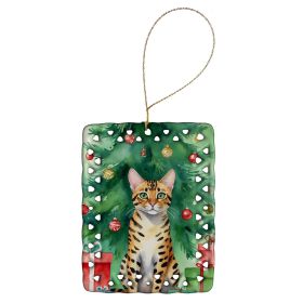 Bengal Cat By the Christmas Tree Porcelain Ornament Christmas Tree Hanging Decorations for Home Christmas Holiday, Rectangle, Gift, Multicolor
