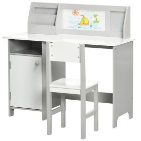 Qaba Toddler Table and Chair Set, Kids Writing Desk Homework Table with Whiteboard, Storage Cabinet, Gray