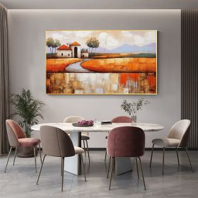 Hand Painted Oil Painting Abstract Village Oil Painting on Canvas Large Wall Art Original Minimalist Orange Landscape Art Custom Painting Boho Living (style: 01, size: 50x100cm)