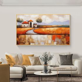 Hand Painted Oil Painting Abstract Village Oil Painting on Canvas Large Wall Art Original Minimalist Orange Landscape Art Custom Painting Boho Living (style: 01, size: 100x150)