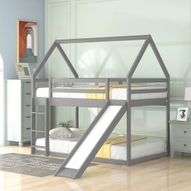Twin over Twin Low Bunk Bed, House Bed with Ladder , White (Color: Gray, style: Slide)