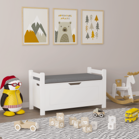 Kids Toy Box Chest, White Rubber Wood Toy Box for Boys Girls, Large Storage Cabinet with Cushion Seat Bench/Flip-Top Lid/Safety Hinge (Color: White, Material: MDF)